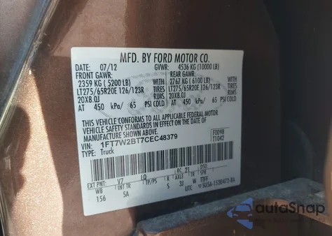 2012 Ford F-250 Lariat из США, поврежденный, VIN 1FT7W2BT7CEC48379